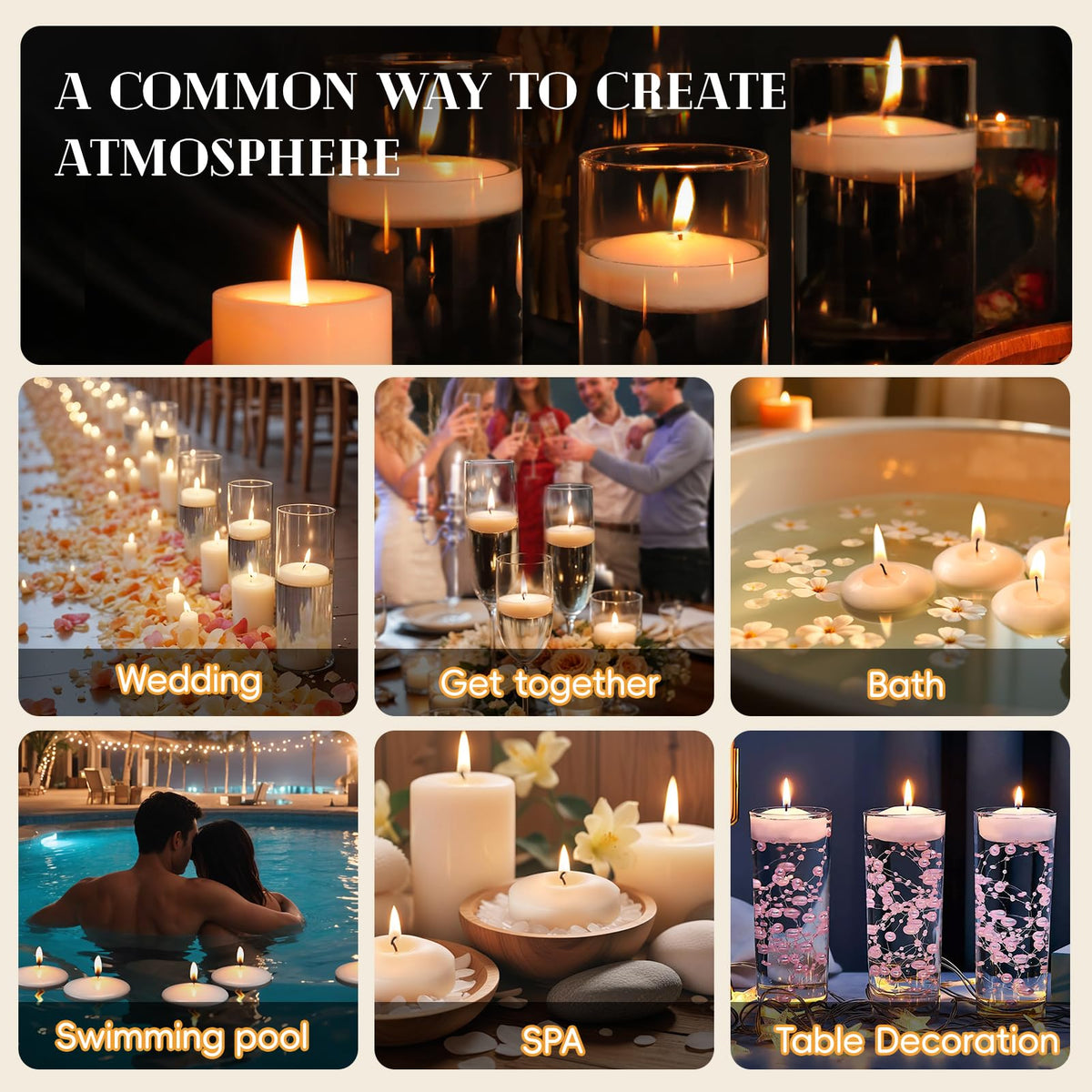 GINITIRI 3 inch White Floating Candles, 60 Pack Unscented Floating Candle,8-9 Hours Burning Floating Candles for Centerpieces, 3" Water Candles for Cylinder Vases, Wedding, Party