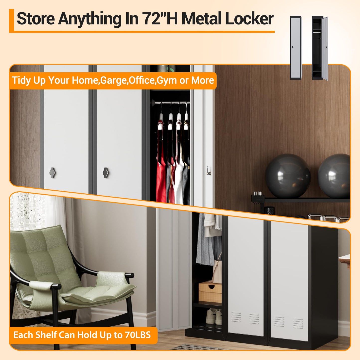Metal Storage Locker with Doors, Lockers Featuring Shelves, Ideal for Employees and Students, Suitable for Schools, Garages, Offices, Gyms, Homes, and Warehouses, Requires Assembly, Grey and Black