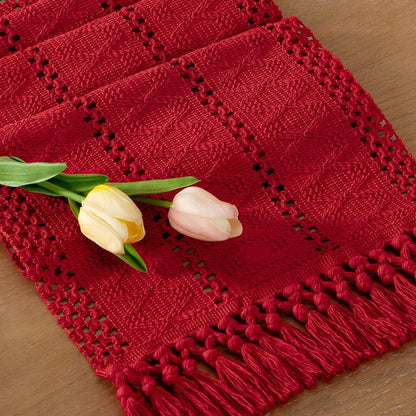 Socomi Boho Table Runner Easter Spring Farmhouse Rustic Dining Kitchen Centerpiece Decor Small Macrame Woven Cotton Linen Coffee Table Runner for Dresser Scarf Home Decor 12x60 in Red