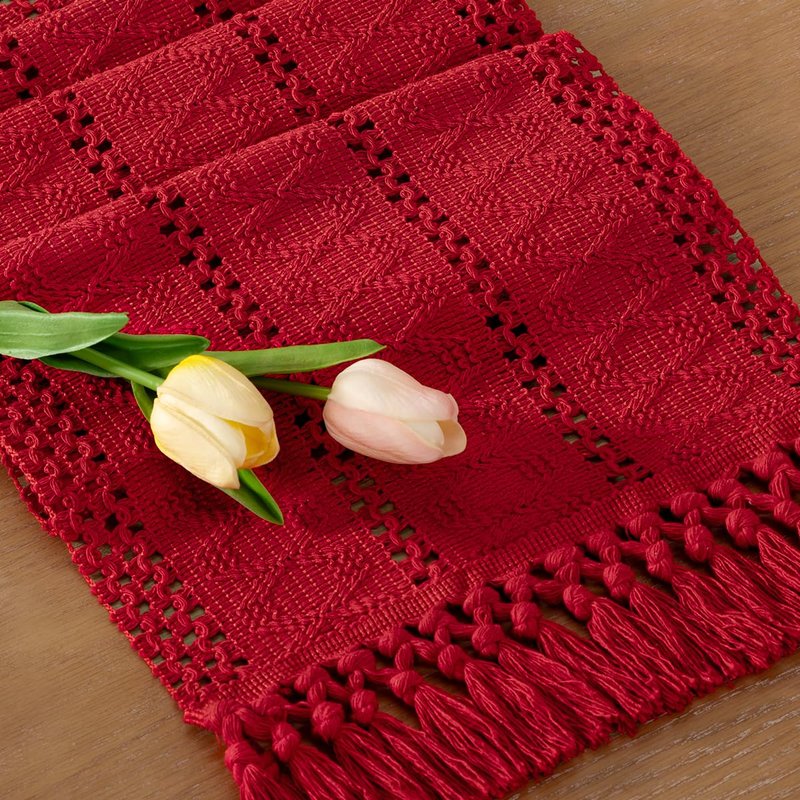 Socomi Boho Table Runner Summer Farmhouse Rustic Dining Kitchen Centerpiece Decor Small Macrame Woven Cotton Linen Coffee Table Runner for Dresser Scarf Home Decor 12x48 in Red