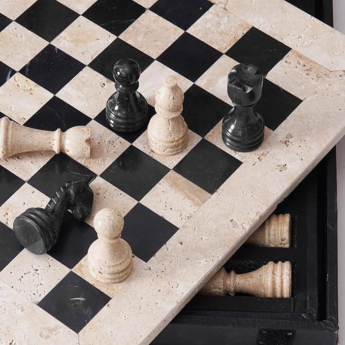 Marble Chess Set 15 Inch Handmade Travertine &amp Black Luxury Board Games for Adults Elegant Table top Board Game Travel Chess Pieces &amp Storage Box for Gifts &amp Home Decor