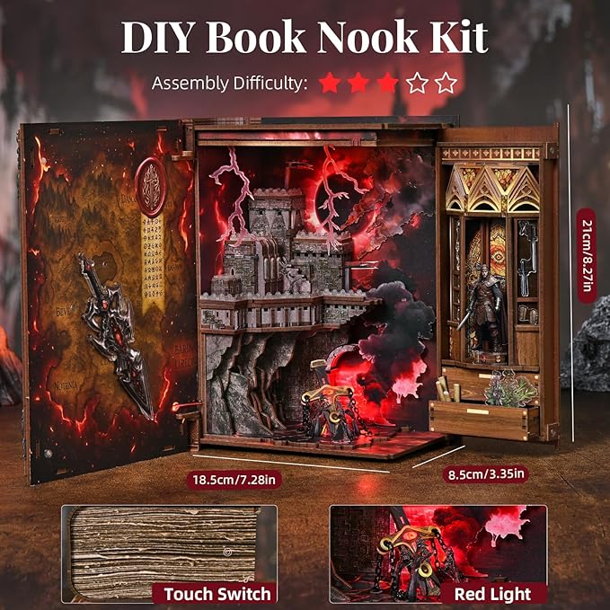Book Nook Kit with LED Light Miniature House Kit for Birthday 3D Wooden Bookends Puzzle Bookshelf Decor for Adults Teens Beginners (The Sword of Fire)