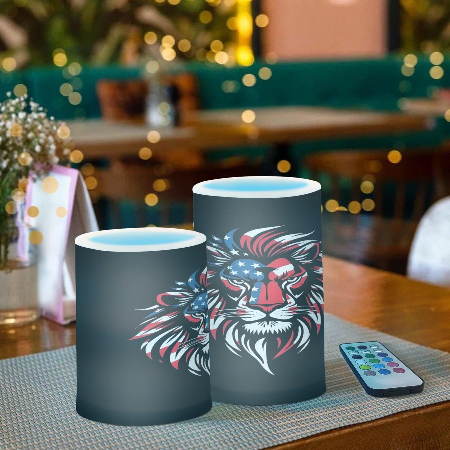 Grgvtei Flameless Candles American Flag Lion Head Flickering LED Pillar Candles with Remote & Timer, Battery Operated Set of 2 Warm Glow for Wedding Party Home Decoration