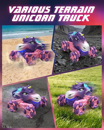 Remote Control Car 1:18 Pink Unicorn Monster Truck 360° Spin-Dance Light Music with Spray 2.4 GHz 4WD 120 Min Runtime Off-Road for Indoor &amp Outdoor Fun Toy Birthday Gifts for Girls Age 3+