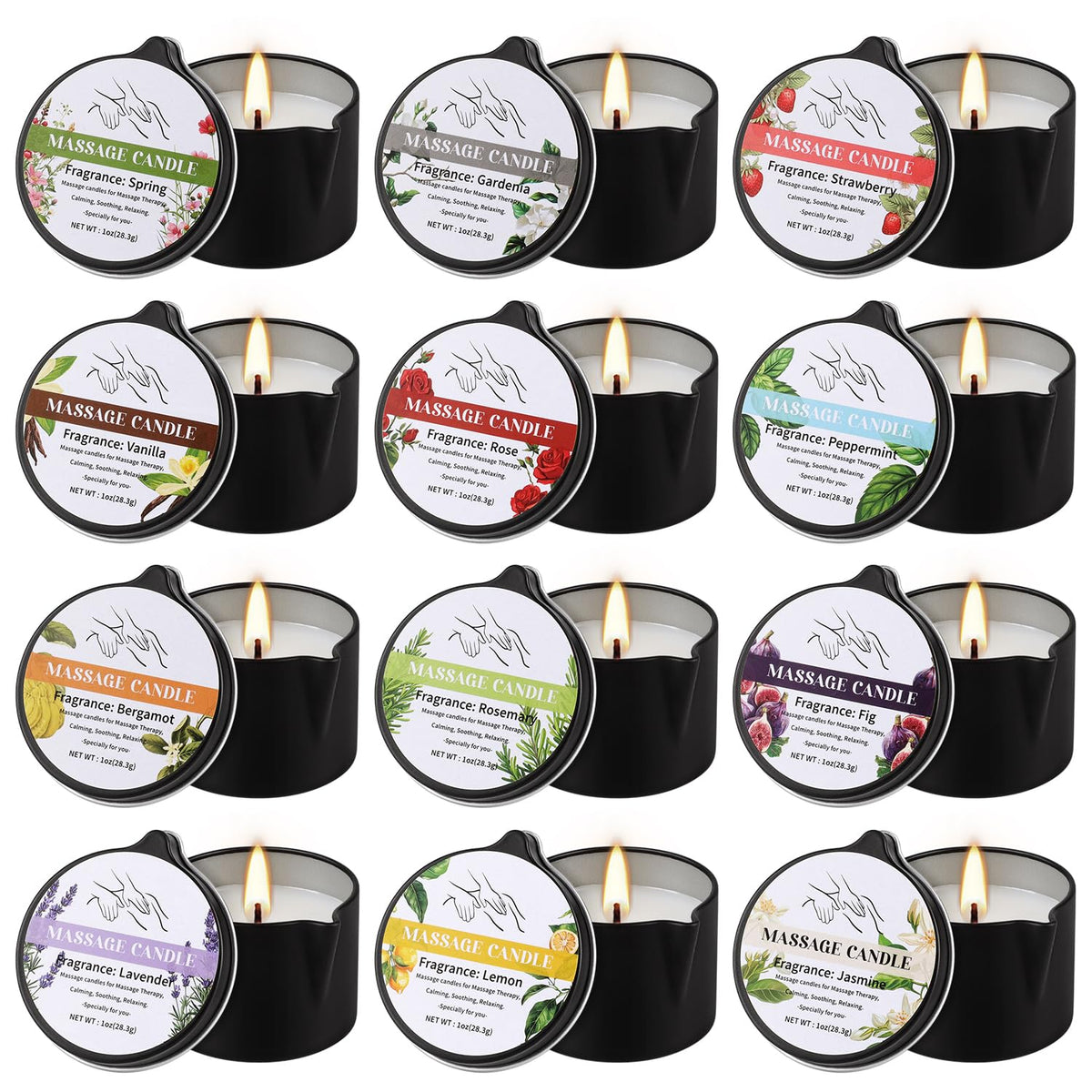 12pcs Massage Oil Candle,Moisturising Natural Soybeans Gift Sets,1oz Low Temperature Body Oil Scented Candles for Home Spa & Relaxation