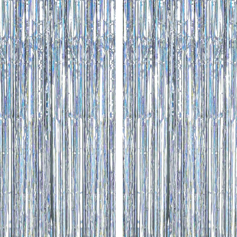PartyWoo Foil Fringe Curtains Silver, 2 pcs 3.3x6.6 ft Silver Streamers, Fringe Backdrop, Tinsel Backdrop, Tinsel Curtain, Metallic Door Shimmer, Birthday Party Streamers, Christmas Decorations