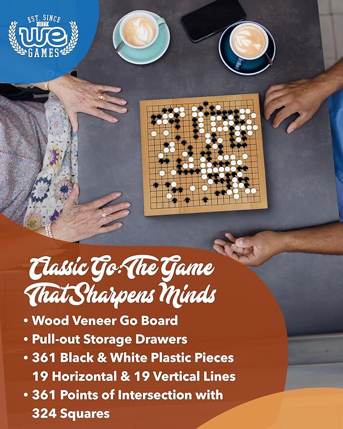 WE Games Go Game Set 12 Inch - Traditional Go Set with Pull-Out Storage Drawers Portable Wood Veneer Goban Strategy Board Games for Adults Go Board Game