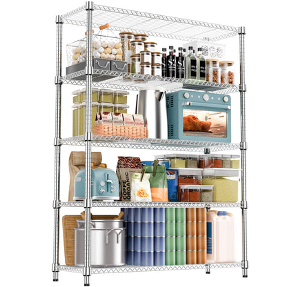 M MZG 1750LBS 47.2" W 5 Tiers Shelf Steel Storage Shelves Metal Shelving Unit Steel Organizer Wire Rack for Home,Kitchen,Office,Garage Chrome 17.7" D x 47.2" W x 72.4" H
