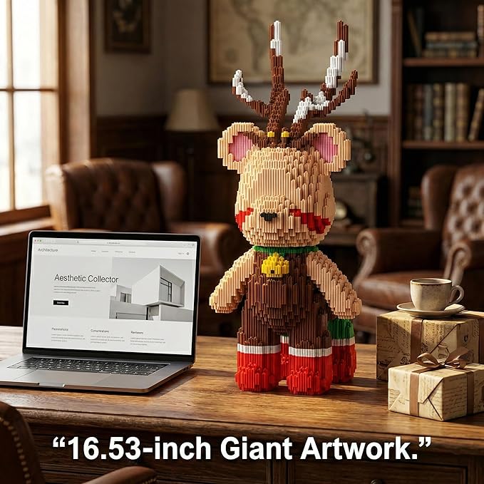 16.53 Reindeer Teddy Blocks Bear Building Bricks Set Challenge for Adults Ages 14+ Collectible Home Decor for Bedroom Office or Book Shelf Keep Busy Relaxing Activity Gift Birthday