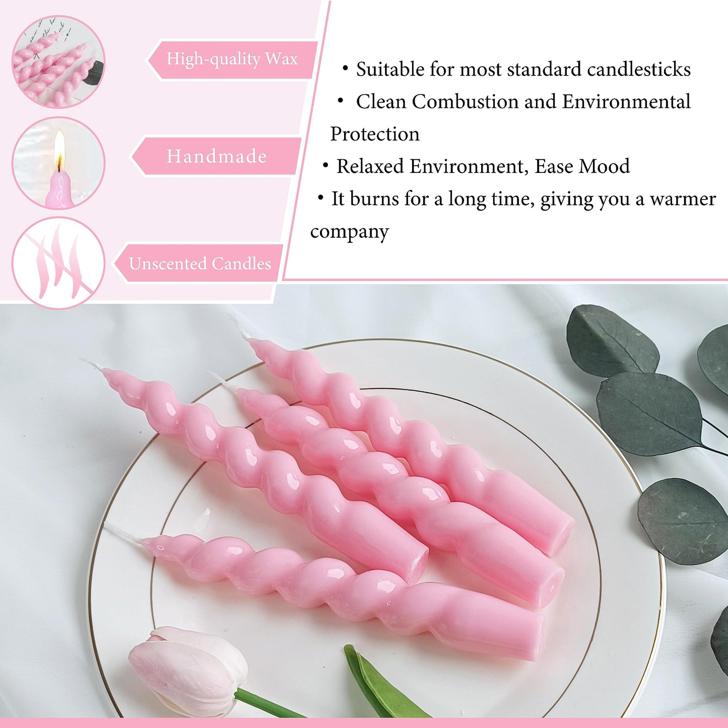 Pink Taper Candle Twisted Candles 4 PCS Unscented Spiral Candlesticks 7.5 inch Tapered Candles for Christmas Halloween Dinner Wedding Home Decor, Relaxation & All Occasions
