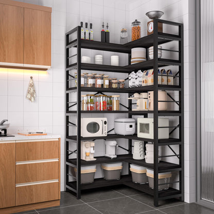 TEROL 7-Tier Corner Bookshelf, Reversible Wooden Shelves, Industrial Bookcase with Open Shelves and Sturdy Metal Frame, Display Shelf Storage Rack for Living Room, Bedroom, Home Office (Black)