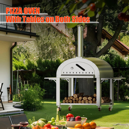 Pizza Oven, Outdoor Pizza Oven 44 Inches, Wood Fire Pizza Oven with Wheels, Stainless Steel Pizza Maker for Outdoor Kitchen, Backyard, Patio, Garden & Restaurant