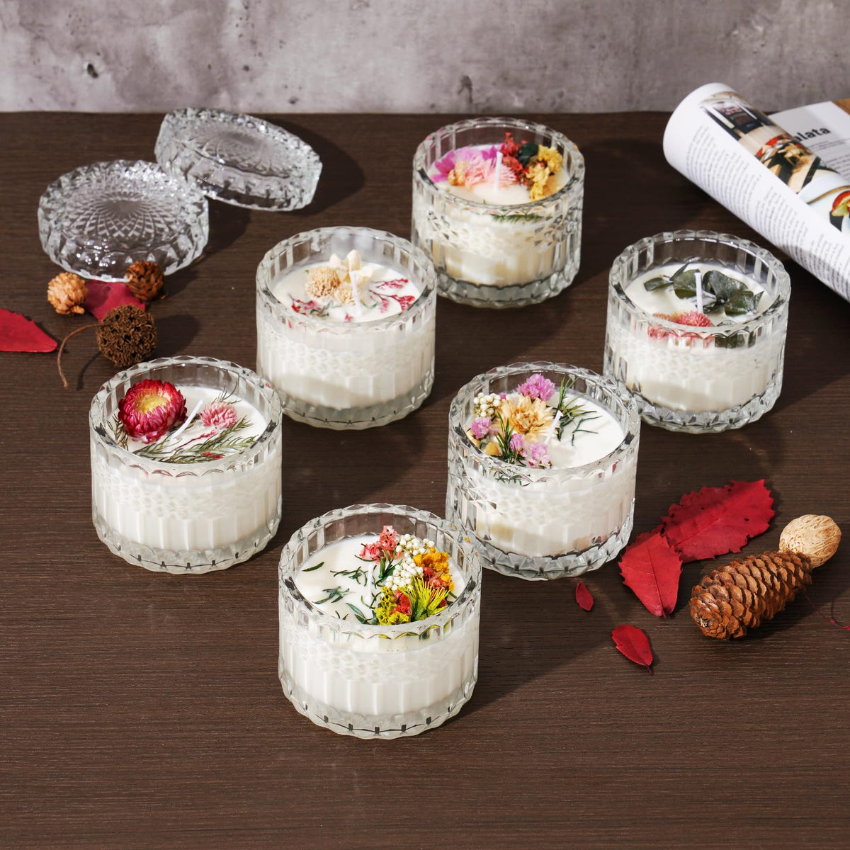 NiHome 8OZ Glass Candle Jar with Lid 6PCS, Multi-Purpose Storage Unique Embossed Design for Home Decor, Storage & Special Occasions, Premium Quality Heat-Resistant & Aroma Preserving for Candle Making