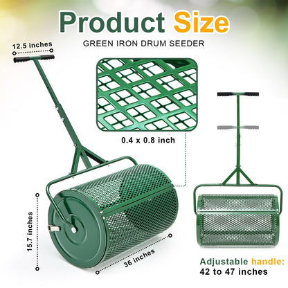 Hiboom 36 Inch Compost Spreader, Peat Moss Spreader, Manure Roller with Adjustable T Shaped Handle, Lightweight Metal Mesh for Lawn Garden Spreading Manure Topsoil (Green)