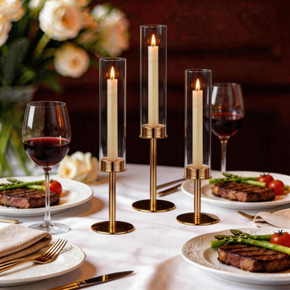 C COMCROSFLY Gold Candle Holders Set of 3, Elegant Glass Hurricane Candlestick Holders for Table Centerpiece, Wedding Decor, Modern Tall Candle Stick Holder for Dining Table, Home Decoration