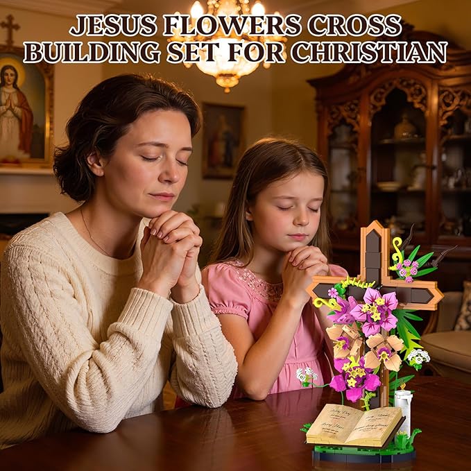 Jesus Cross Flowers Building Blocks Set Religious Crucifix Compatible with Jesus Building Toy for Decor Catholic Bible Building Toys Christmas Easter Gift for Christian Adults Boys Girls 363PCS