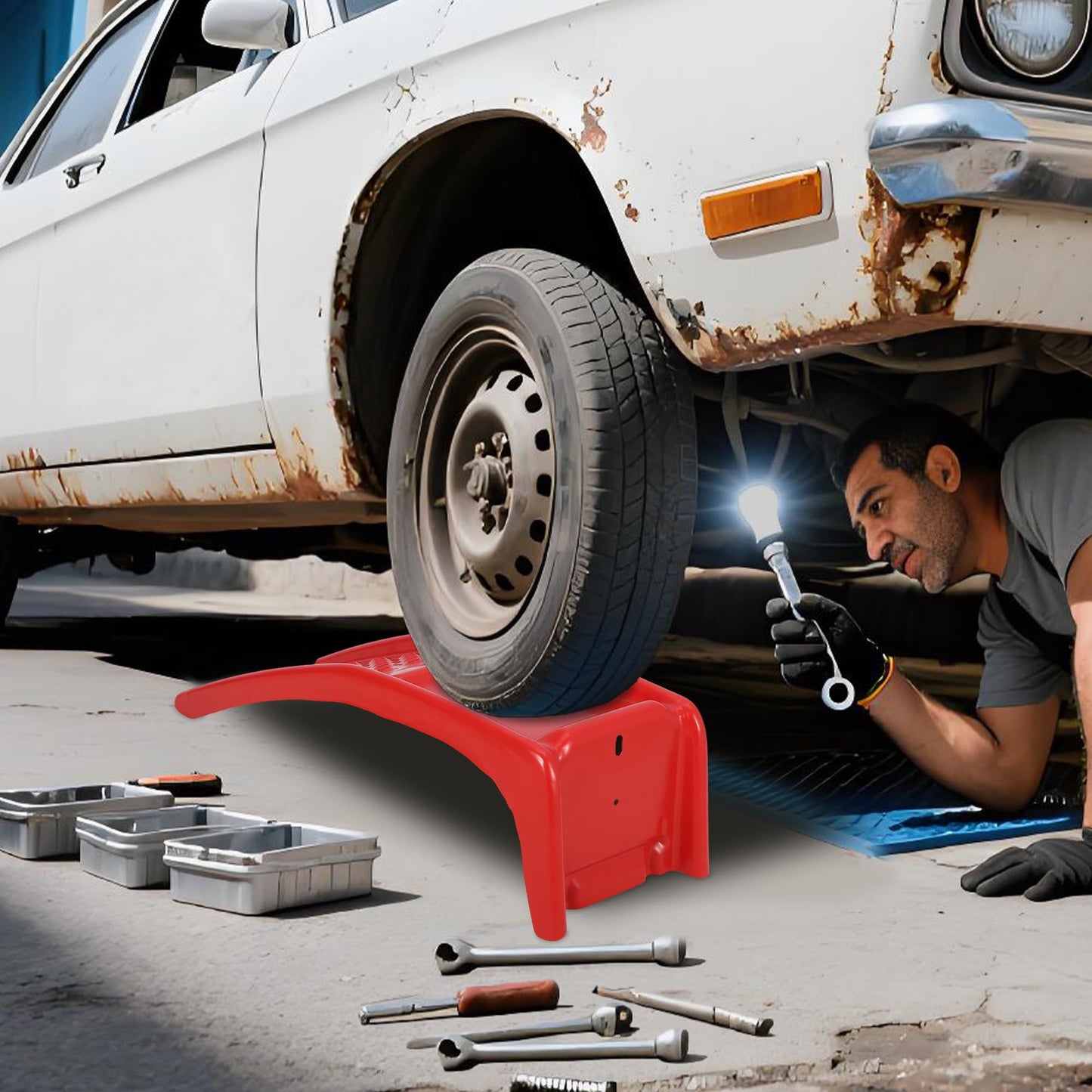 Heavy Duty Low Profile Car Ramps 8" Lift (2 Pack) - 8000LB Capacity Solid Steel Auto Ramps for Trucks, SUVs - Ideal for Oil Changes, Tire Rotation & Maintenance - 4000LB Per Ramp, Red