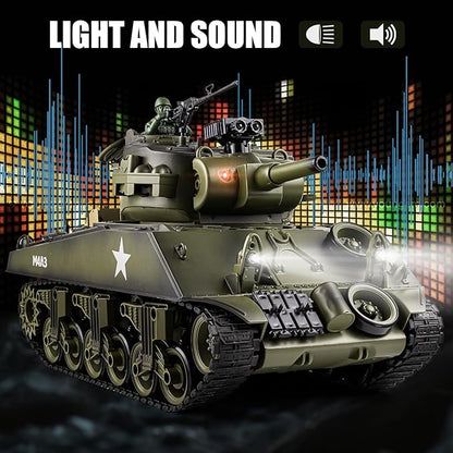 1/18 RC Tank 2.4G US M4A3 Sherman Remote Control Tank That Shoot BBS with Smoke Sound and Lights 165ft Remote Control Army Model Toy Military All-Terrain Vehicle for Kids &amp Adults