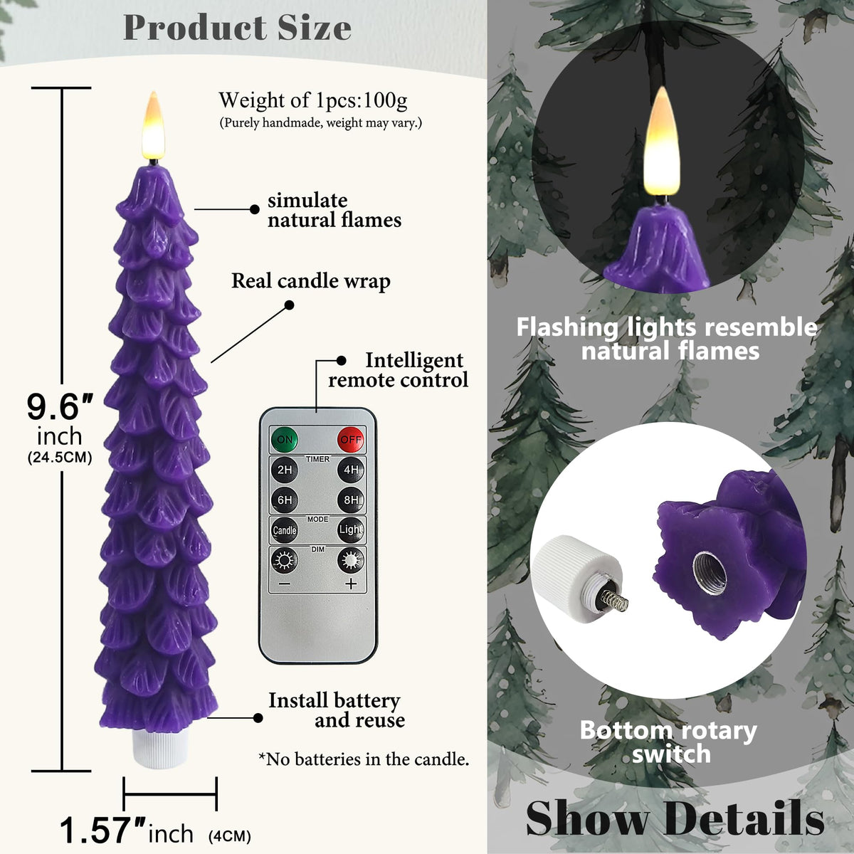 FCMSHAMD Advent Christmas Trees Flickering Flameless Candles with Remote and Timer, Real Wax 3D Flame Wick LED Candles, 9.8 Inch Battery Operated Candles for Christmas Home Decoration，4PCS
