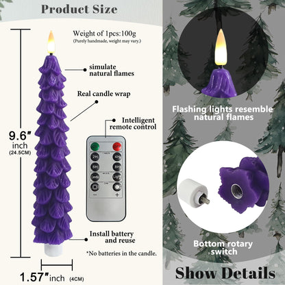 FCMSHAMD Advent Christmas Trees Flickering Flameless Candles with Remote and Timer, Real Wax 3D Flame Wick LED Candles, 9.8 Inch Battery Operated Candles for Christmas Home Decoration，4PCS