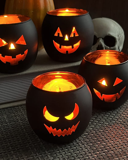 SHMILMH Halloween Table Centerpiece Candle Holders Set of 12, Black and Gold Glass Votive Holder with 6 Grimace, Tealight Holders Bulk for Halloween Party D?or