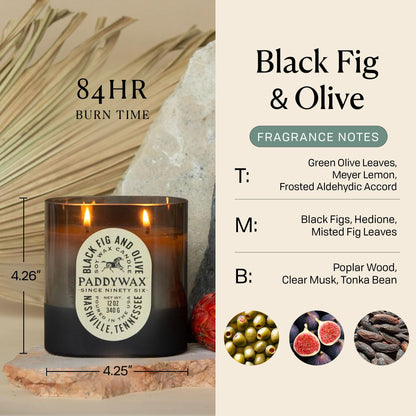 Paddywax Vista Scented Candle with Lid in Reusable Tonal Glass Jar, Clean-Burn 2-Wick Soy Candle with Approx. 84 Hour Burn Time, Decorative Gift Candles for Home, Black Fig & Olive, 12 oz