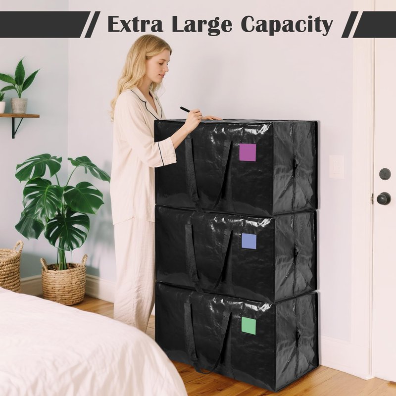 RMOHRO 12 Pack Moving Bags with Full-Open Side Zipper, Extra Large 93L Heavy Duty Waterproof Foldable Storage Totes for College Dorm, Moving & Home Organization Black