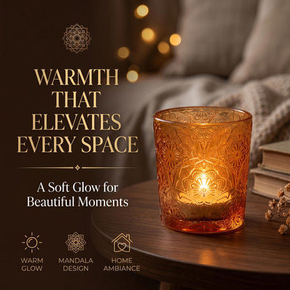 12 Pack Mandala Embossed Glass Candle Holders – Votive Tealight Holders with Patent Design, Decorative Embossed Glass Cups for Wedding Centerpieces, Parties, and Home Décor (Pumpkin Spice)
