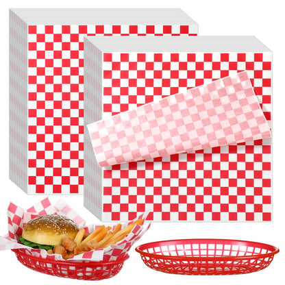 Patelai 30 Pcs Fast Food Baskets with 100 Sheets Red Checkered Deli Liners, 10.5" x 6.7" Red Burger Baskets 100 Pcs Clear Bags with Tie, Restaurant Serving Basket Sets for Burgers Fries Hot Dogs Bread