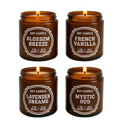 Luxury Soy Candle Gift Set, 4 Pack Amber Glass Jars with Crackling Wooden Wick, Handcrafted Scented Candles, Gift Ready Box