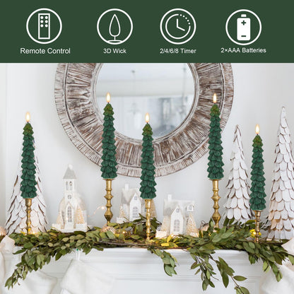 DRomance Christmas Tree Flameless Taper Candles Battery Operated with 10-Key Remote and Timer Real Wax LED Taper Candles 3D Wick Flickering Lifelike Leaves Dinner Xmas Holiday Decoration Set of 4