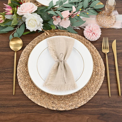 ABKLESACH 60 Pack Beige Cotton Linen Napkins 16 x 16 Inch Beige Napkins Cloth Handmade with Fringe Soft Cloth Napkins Washable Rustic Dinner Napkins Cloth for Wedding Party Dinner Table