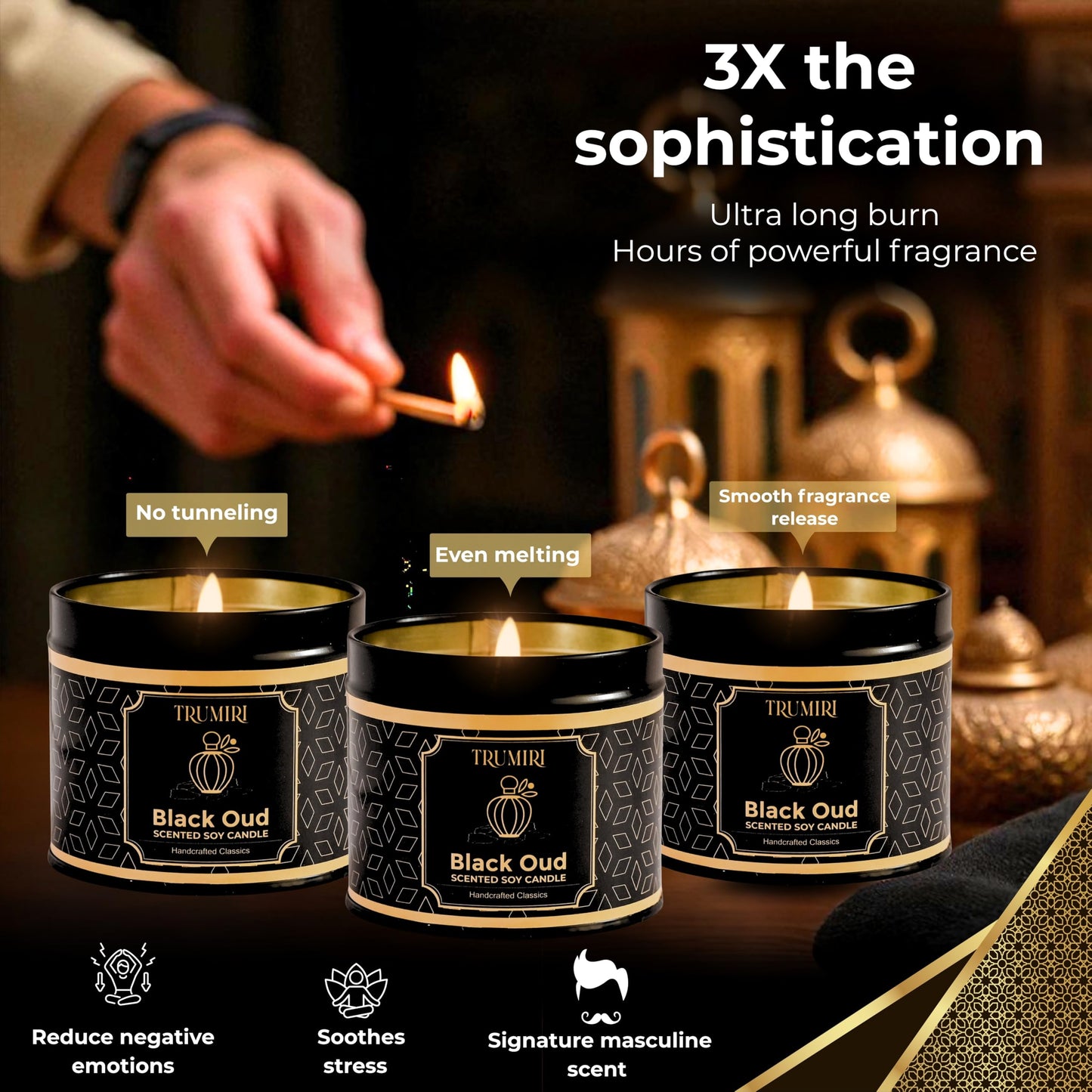Black Oud Candle Highly Scented Soy Candel Natural Non Toxic Velas Aromáticas Gift for Men 5Oz Decorative Tin Jars with Lids Pack of 3