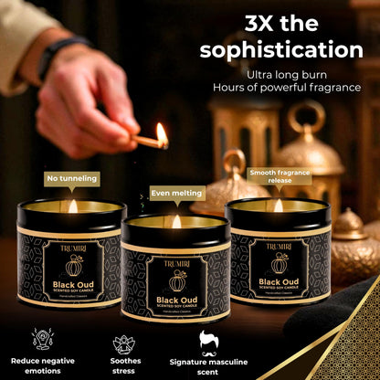 Black Oud Candle Highly Scented Soy Candel Natural Non Toxic Velas Aromáticas Gift for Men 5Oz Decorative Tin Jars with Lids Pack of 3