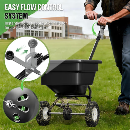 PPOLB Broadcast Spreader for Lawns, 100LB Fertilizer Spreader with 30-Level Flow Control, Walk Behind Lawn Seed & Salt Spreader, 0–10FT Coverage, Hopper Screen, Rain Cover, 12" Pneumatic Wheels