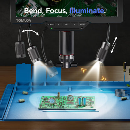 TOMLOV 3D Digital Soldering Microscope: Magnetic Dual Lens Micro Scope TM3K-3D Max For Adult, Coin Microscope with Flex Arm, 3K 10.1-Inch IPS Screen, HDMI/USB Output, Gooseneck Light, Repair Mat, 16GB