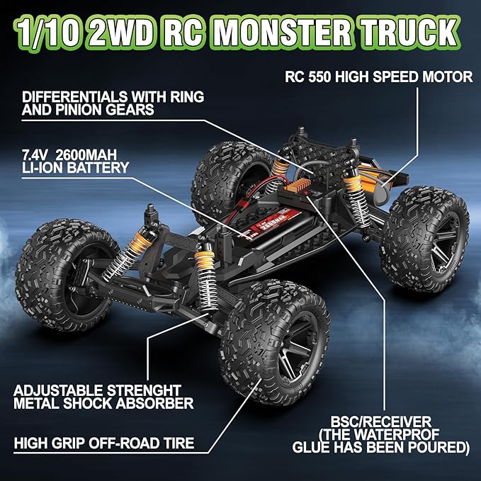 1:10 Big Rc Cars 18-InchFast Remote Control Car Trucks45+KM/H RC Off-Road Electric Truck Includes 2 Rechargeable 2600mAh Batteries Rc Cars for Adults &amp Boys