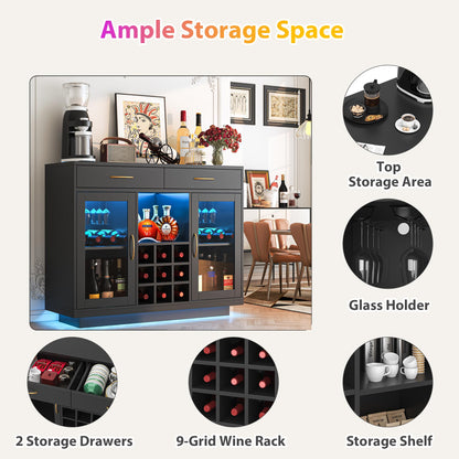 knoworld Wine Bar Cabinet with LED Lights, Coffee Bar Cabinet with Wine and Glass Rack, Black Bar Cabinet Liquor Cabinet, Kitchen Buffet Sideboard with Storage for Living Room, Dining Room
