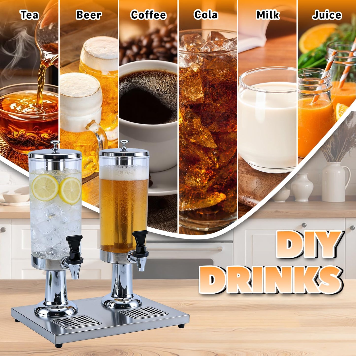 VAKUKK 2-Gallon Drink Dispenser with Stainless Steel Drip Tray - Party Beverage Juice Lemonade Iced Tea Water Dispenser for Church Events, Catering, Family Gatherings & Outdoor (SILVER)