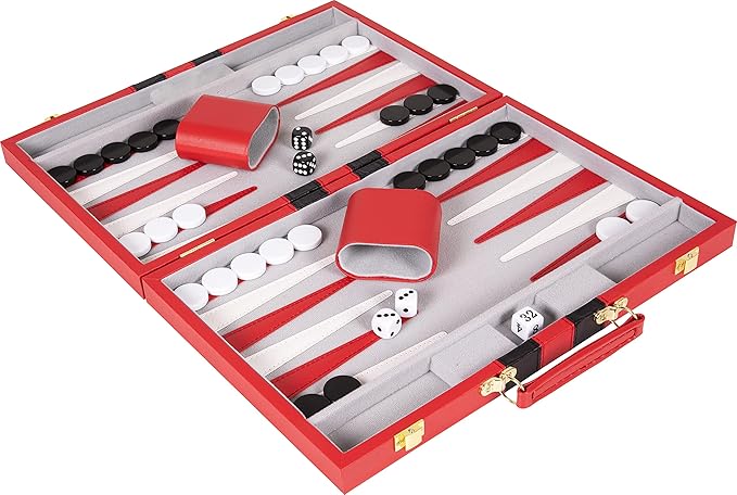 Premium Backgammon 15 Inches Medium Red - Backgammon Sets for Adults and Kids - Leatherette Back Gammon Board Game Set - Travel Backgammon Set Board Encased with Accessories