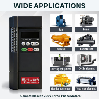 Wolvneo 1.5kW/2hp VFD, 220V Single Phase Input to 220V 3 Phase Output Variable Frequency Drive, 0–500Hz Motor Speed Controller for CNC Spindle, Pump, Fan