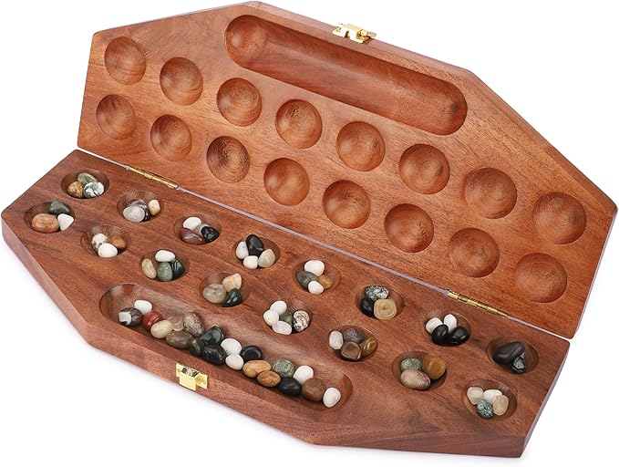 Ajuny Wooden Mancala Board Game Set – Classic Board Games Portable Folding Travel Mancala Board with Marbles (96 Stones) Ideal Family Wooden Games for Adults &amp Kids