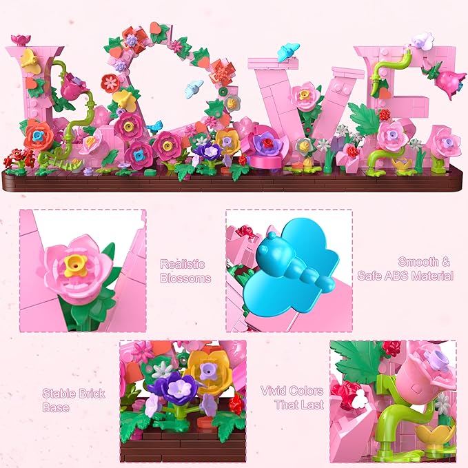 LOVE Heart Floral Building Kit 791PCS DIY Romantic Flower Brick Set Creative Anniversaries Gifts for Women &amp Men Valentine's/Mother's Day Home &amp Desk Decor Present for Ages 6+ Kids Girls