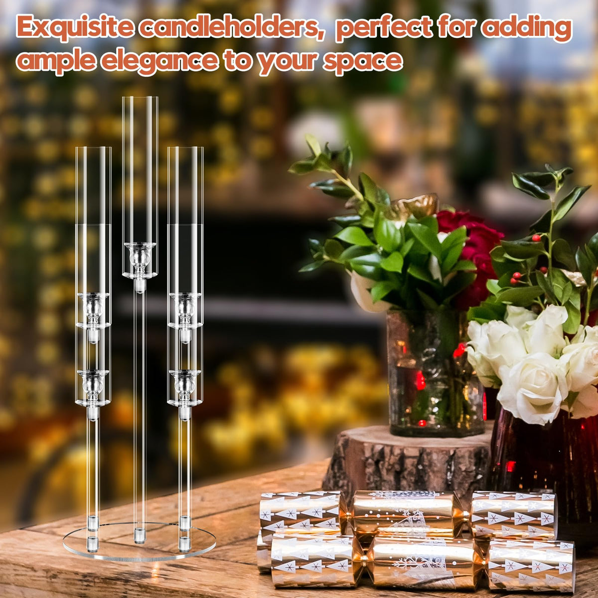 6 Set 5 Arm Acrylic Candelabra Centerpiece, Mjkeomo 27'' Tall Clear Candle Holder for Table, Wedding, Christmas, Fireplace Mantel Decor, Fits 0.82" LED Candles