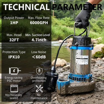 FOTING 1HP 6000 GPH Sump Pump Submersible Sewage/Effluent Pump - Heavy Duty Cast Iron - 115V Septic Pump for Sump Basin/Residential/Sewage/Basement, Sewage Pumps 1-1/2'' NPT