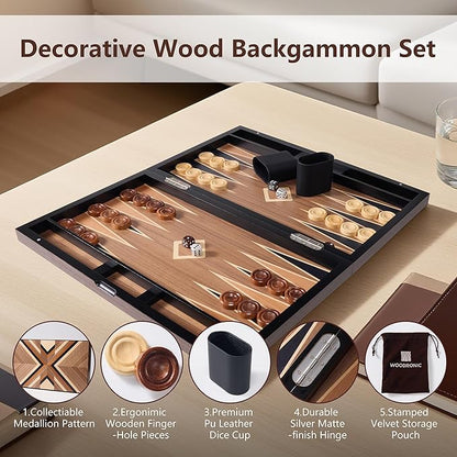 Wood Backgammon Set for Adults – 15 Inch Classic Board Game Case - Premium Folding Backgammon Set with Oversize Wooden Playing Pieces Dices - Portable Travel Backgammon Game Set for Adults