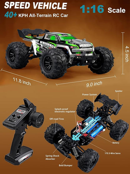 1:16 Scale RC Cars for Adults High-Speed 4WD Offroad Hobby Remote Control Truck 50km/h Fast 2.4GHz All Terrain RC Monster Buggy with 2 Batteries (RTR/Red)