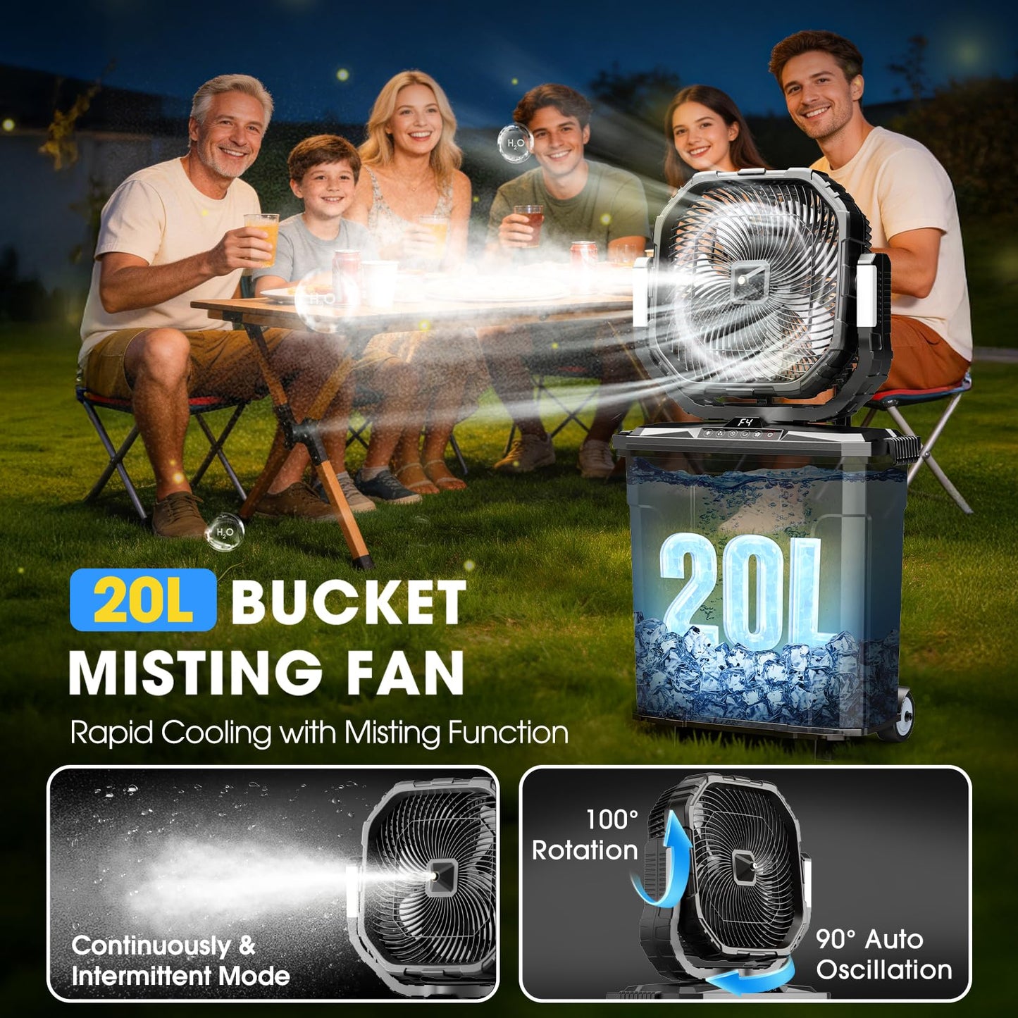 Ausic 5 Gal 12" Portable Misting Fan for Outside Patios, 30000mAh Outdoor Rechargeable Battery Oscillating Fan with Remote, Cooling Camping Dugout Fan with Light/Timer/Caster, Summer Essential