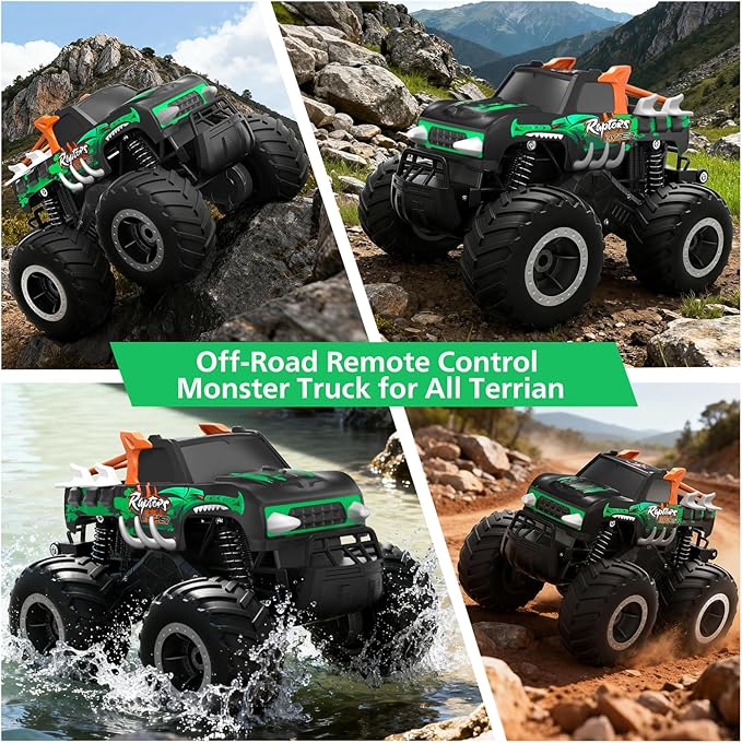 Remote Control Monster Truck Toys - 1:16 Waterproof All Terrain RC Car Fast Remote Control Car with Crashworthy Body Electric Vehicle Kids Truck Toys for Boys and GirlsAge 6+Green