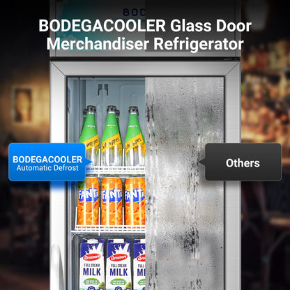 BODEGACOOLER Commercial Merchandiser Refrigerator, 12.5 Cu.Ft Glass Door Display Cooler, Upright Beverage Refrigerator with Soft LED Light, Adjustable Shelves, 4 Heavy-Duty Stainless Steel Casters